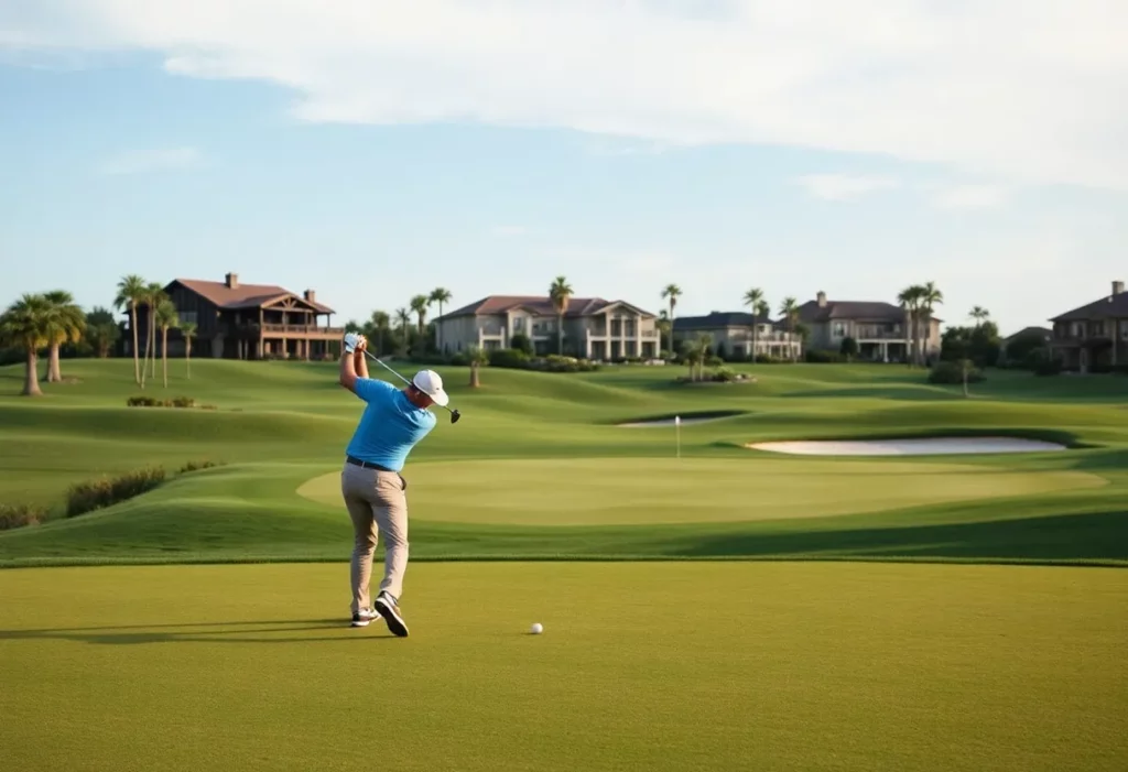 A stunning golf course view with a golfer