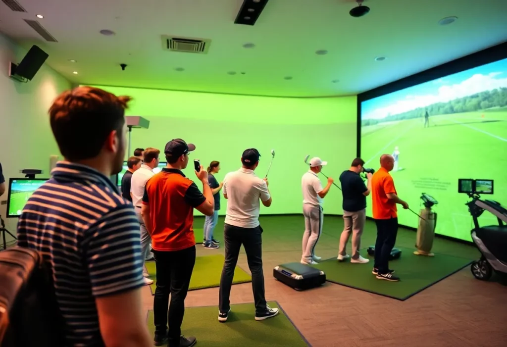 Players competing in the GOLFZON Tour indoor golf tournament