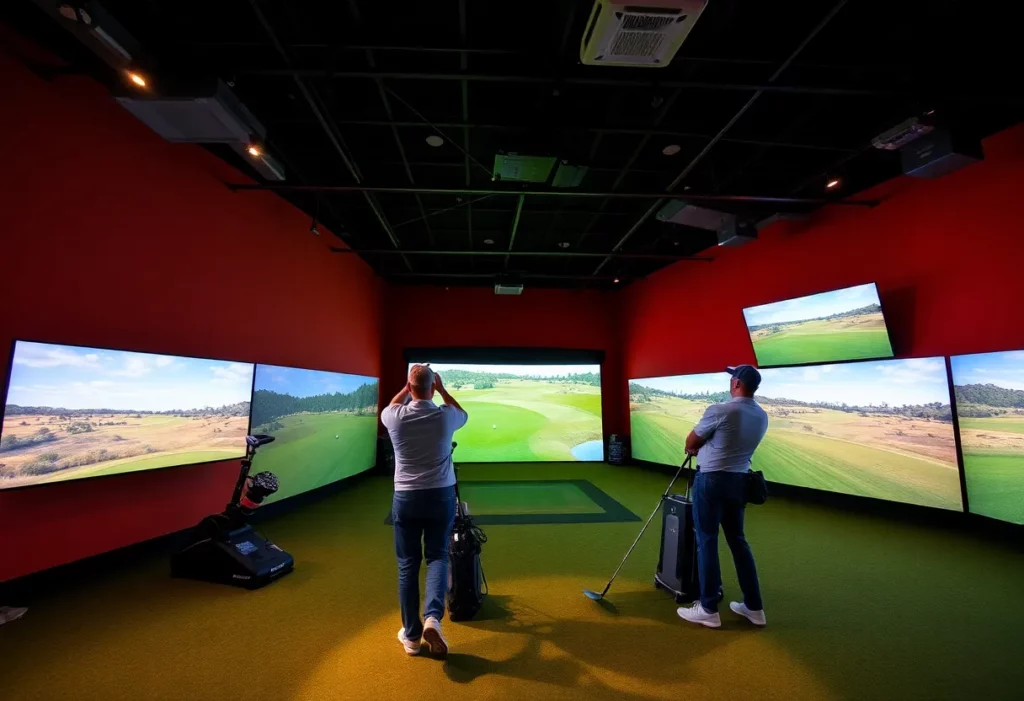 Players competing in an indoor golf tournament using TwoVision simulators.
