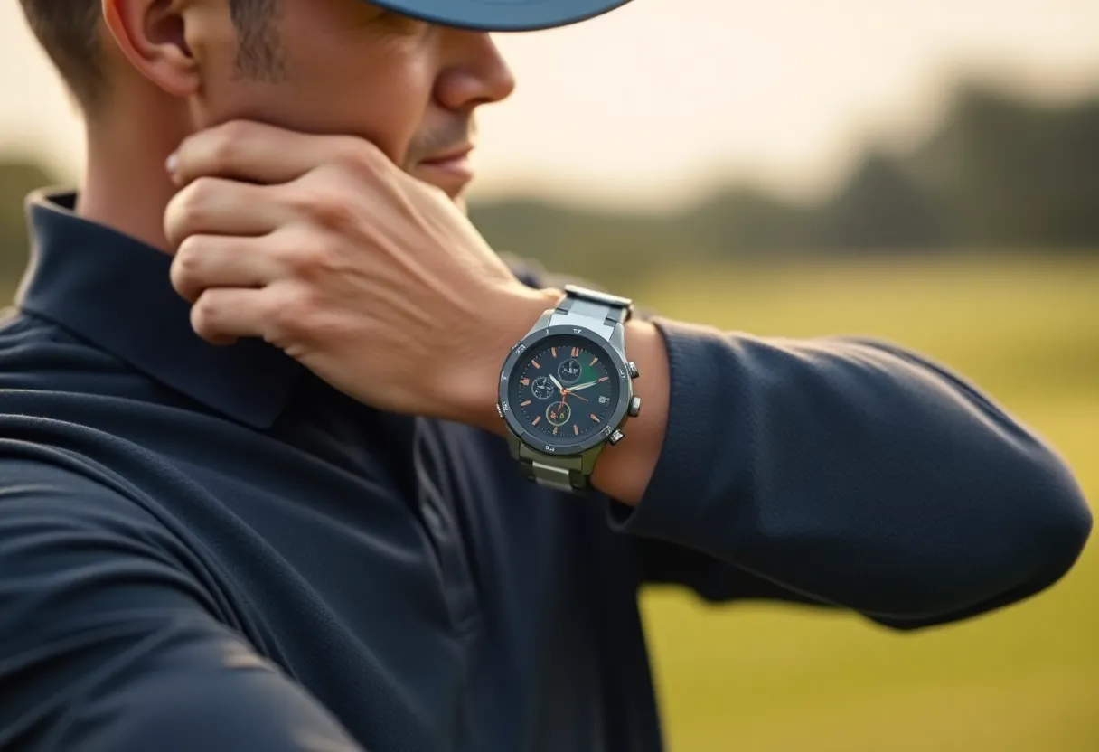 A golfer utilizing a smartwatch while playing golf, showcasing advanced features.