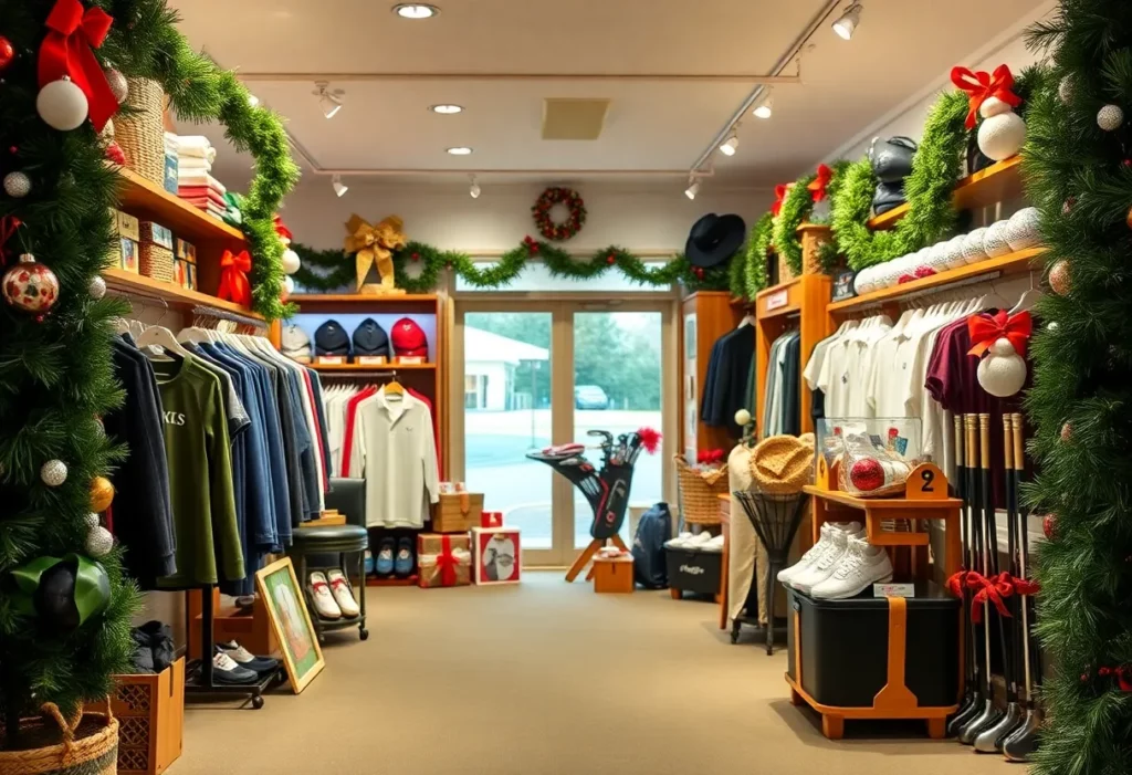 Golf shop decorated for the holidays with apparel and gifts.