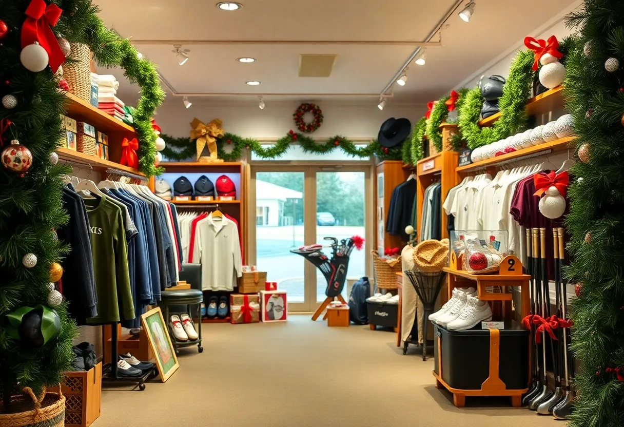 Golf shop decorated for the holidays with apparel and gifts.