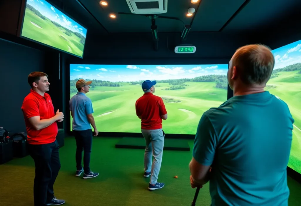 Golfer playing indoors on a Trackman simulator at Pinecrest Golf Course in Lincolnia.
