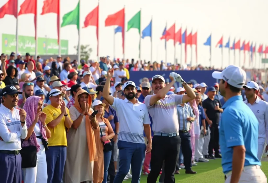 Exciting golf tournament scene in Riyadh with fans cheering