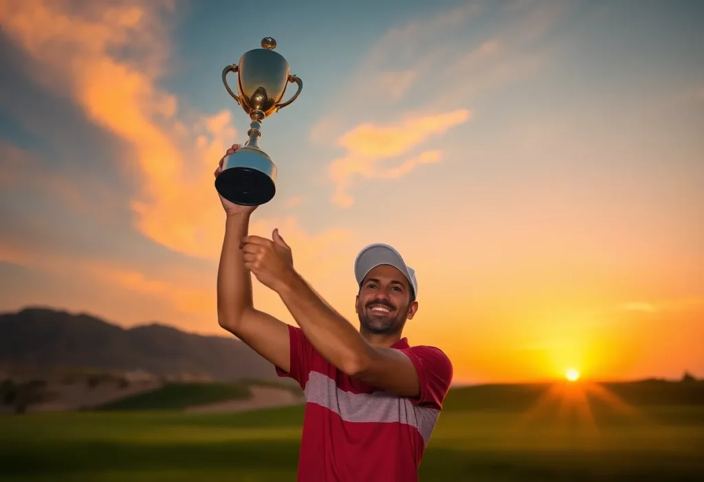 Joaquin Niemann lifting the trophy at the PIF Saudi International