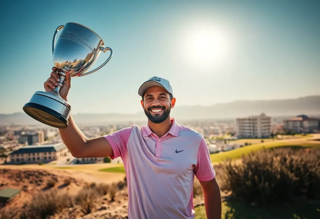 Joaquin Niemann celebrating his win at the Saudi International golf tournament.