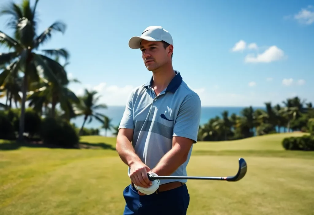 Kieran Vincent in action on a golf course in Mauritius