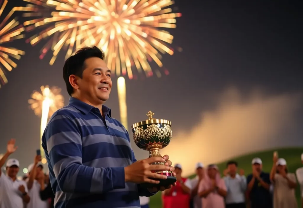 Lee Chieh-po holding his trophy after winning LIV Golf event in Riyadh
