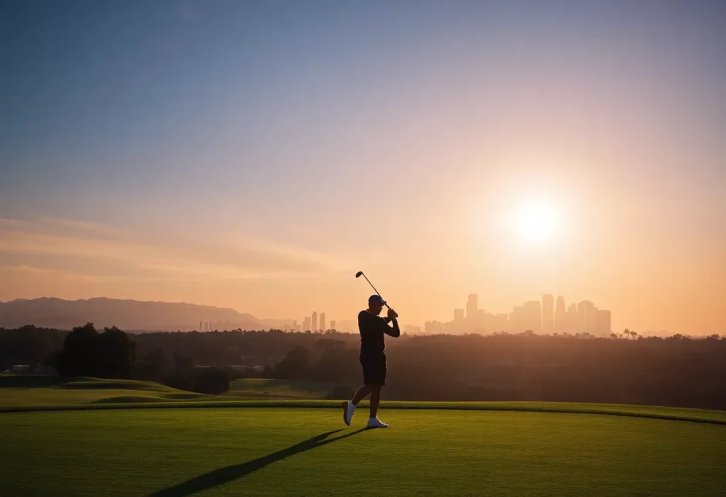 Golfer silhouettes on a Los Angeles golf course representing LIV Golf's change in leadership.