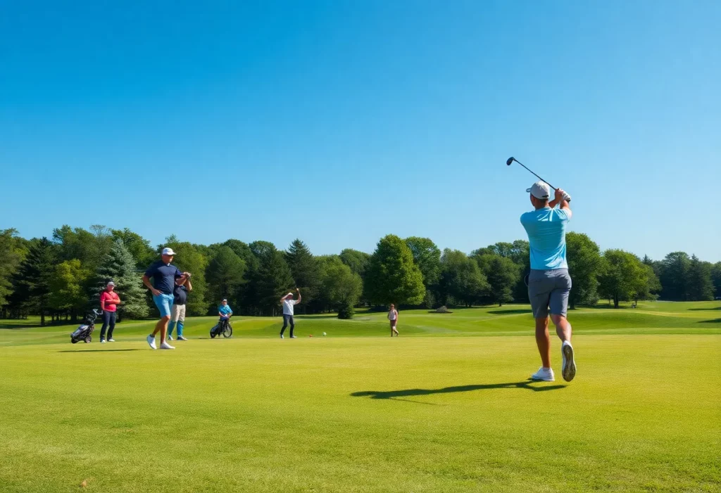 Golf players practicing swings on a beautiful course