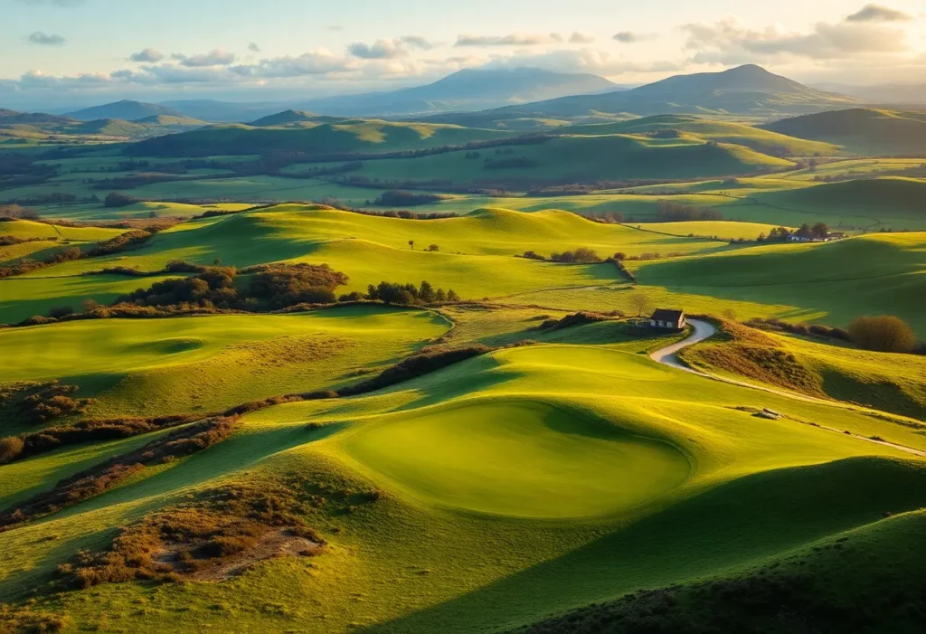 Scenic views of golf courses in Scotland with rolling hills