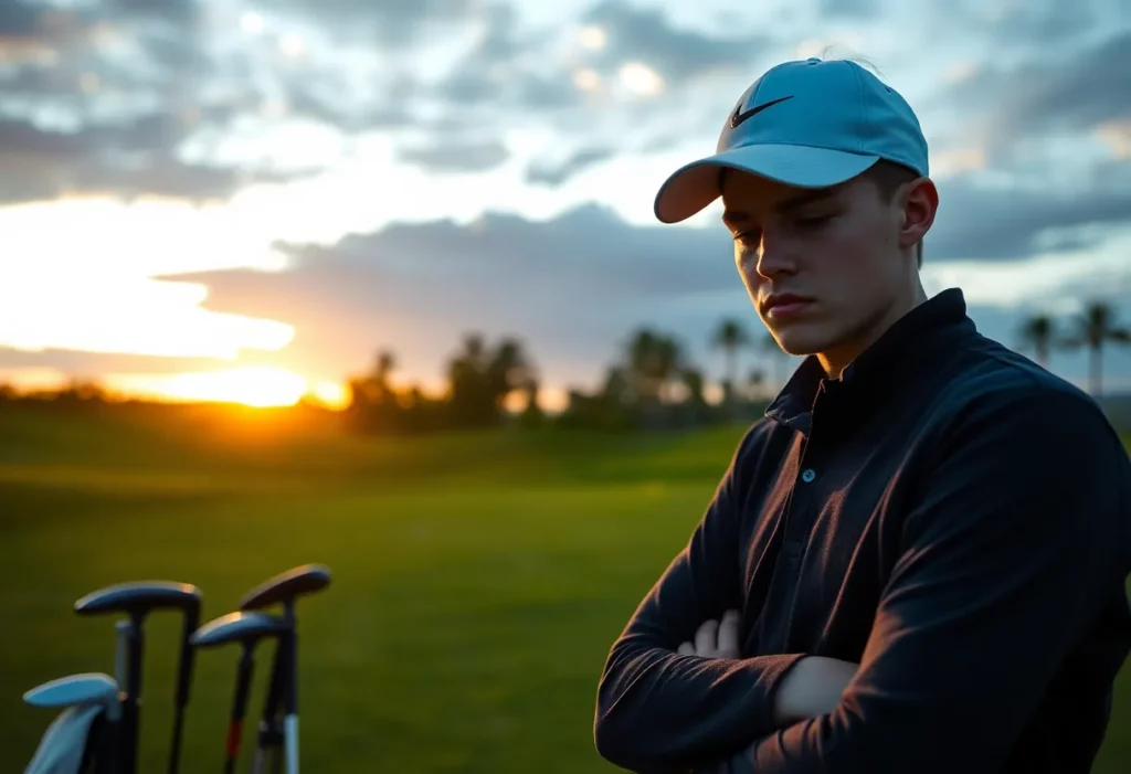 Marco Penge looking distressed on the golf course after suspension announcement.