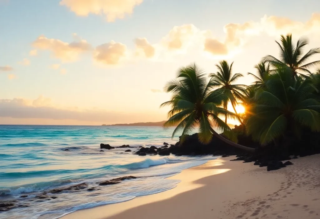 Sunset over the beach in Maui, Hawaii with palm trees silhouetted against the sky.