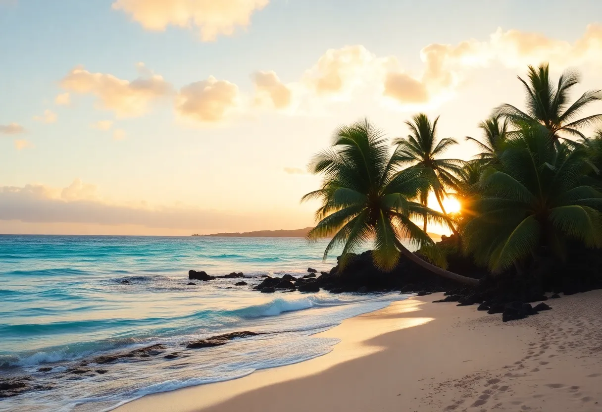 Sunset over the beach in Maui, Hawaii with palm trees silhouetted against the sky.