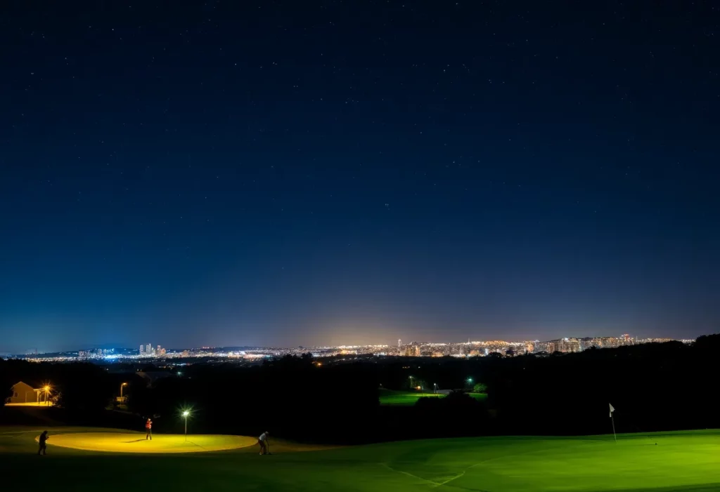 Golfers playing Night Golf at Senayan Golf Club under the stars.