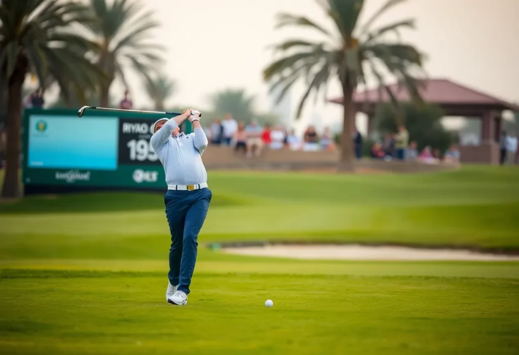 Patrick Reed swinging a golf club at Riyadh Golf Club
