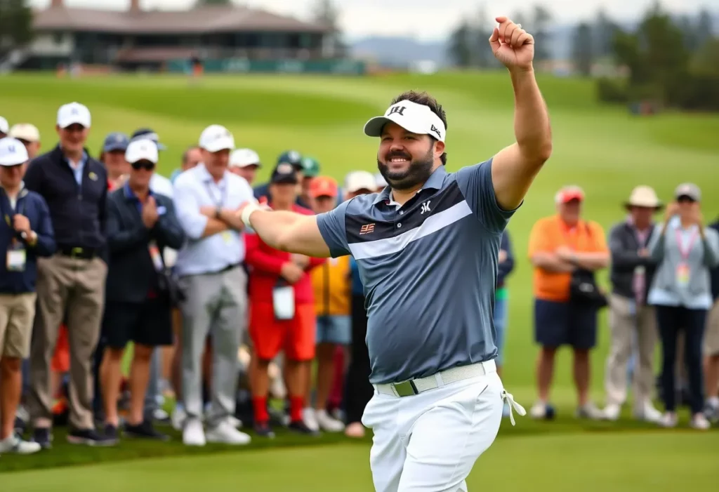 Patrick Reed celebrating on the golf course after a victory.