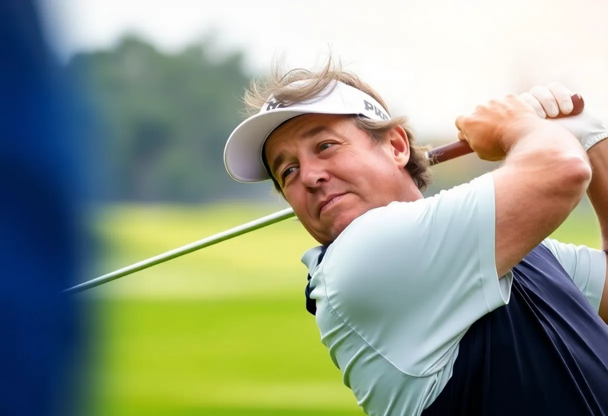 Phil Mickelson in action, swinging a golf club on the course.