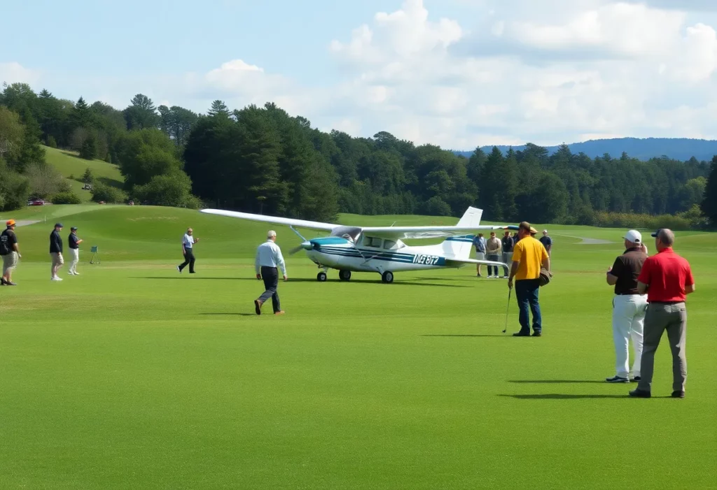 A small aircraft has crash-landed on a golf course among golfers.