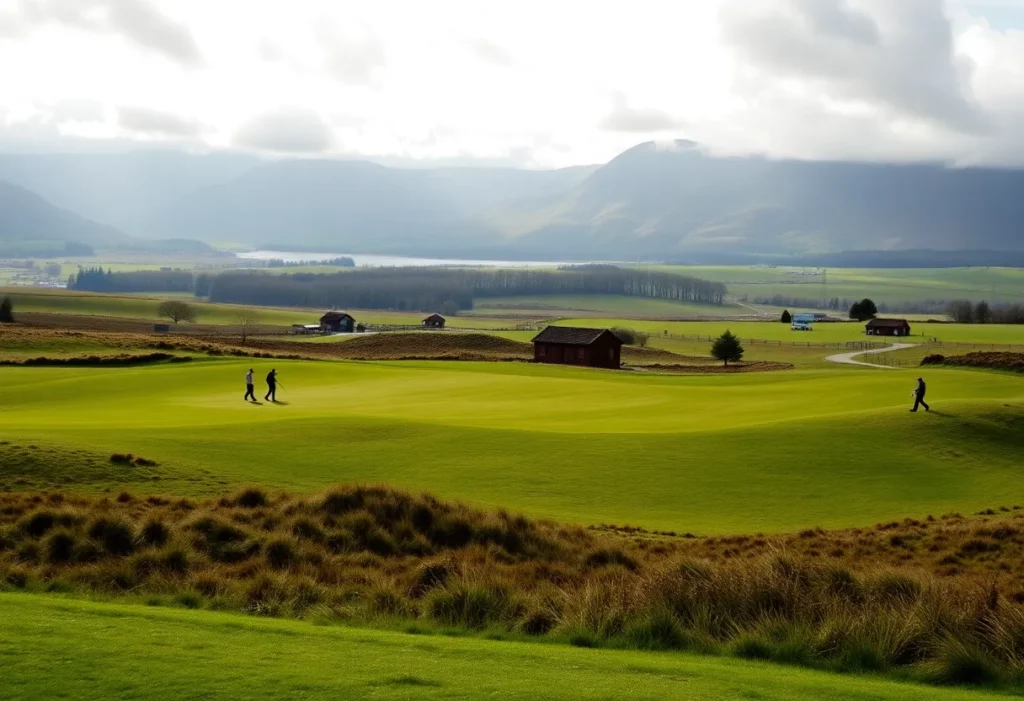 A scenic view of a golf course in Scotland featuring rolling hills and a beautiful landscape.