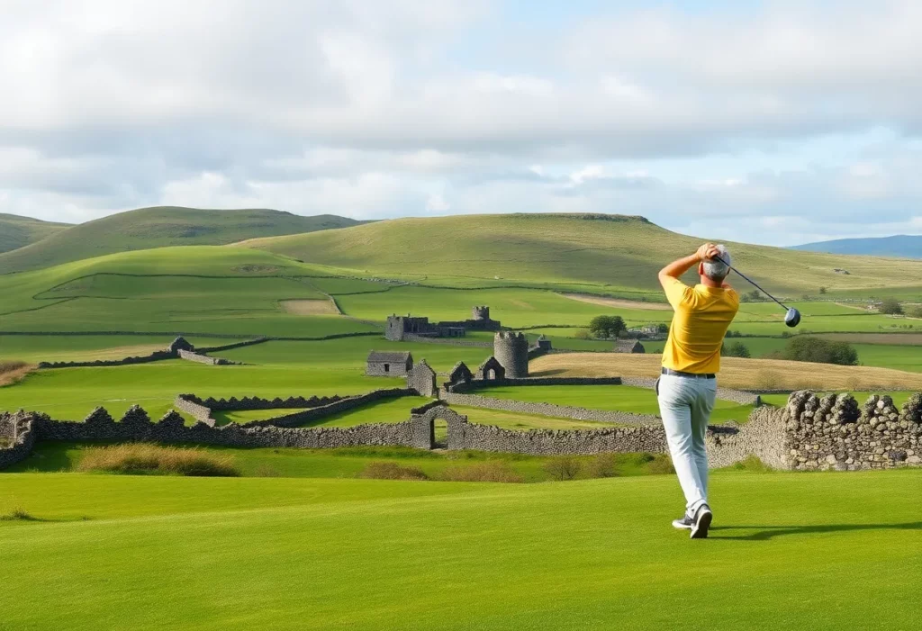 Golfer swinging on a Scottish golf course with hills in the background.