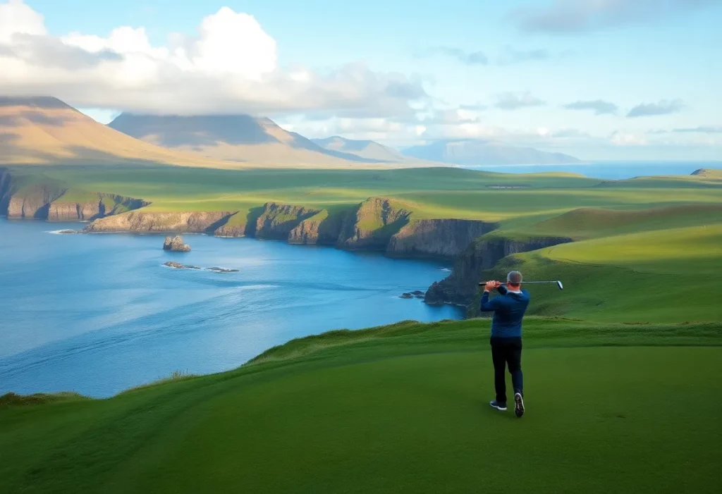 Golf course view along Scotland's North Coast 500 with lush greenery and coastal scenery.