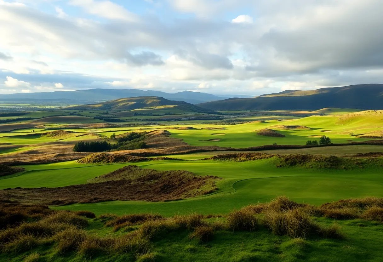 A scenic golf course in Scotland showcasing rolling hills and vibrant green fairways