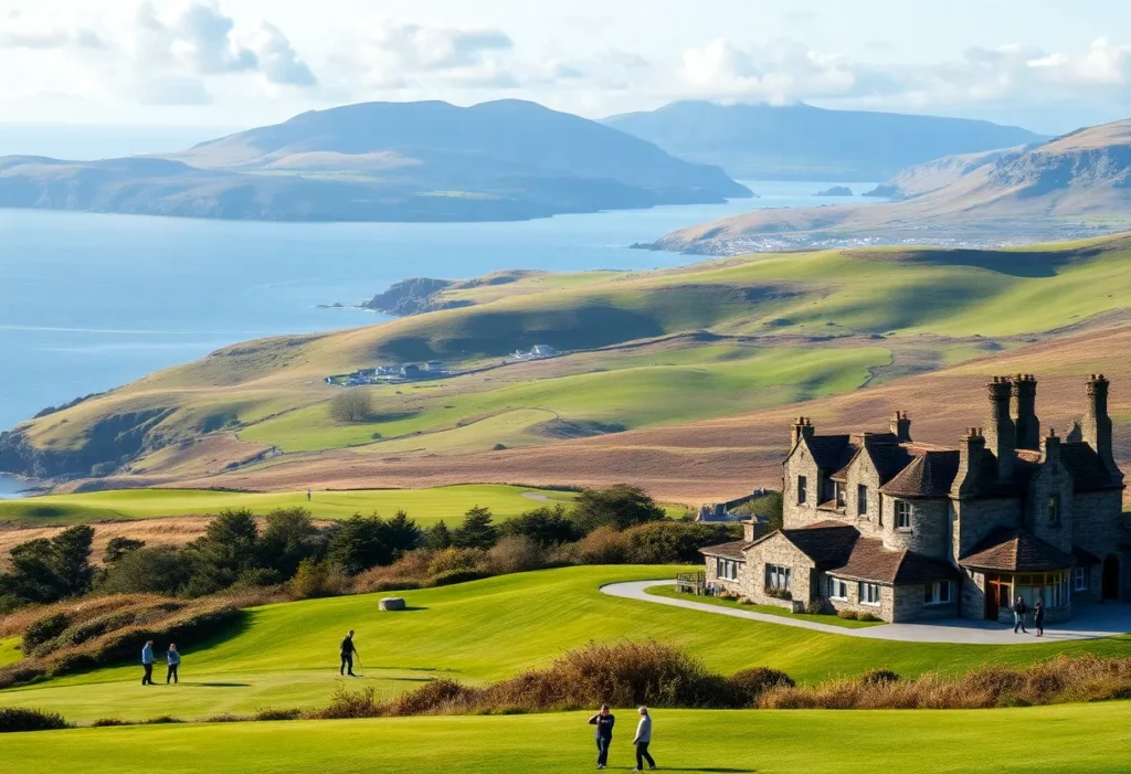 Beautiful view of a golf course in Scotland during sunset
