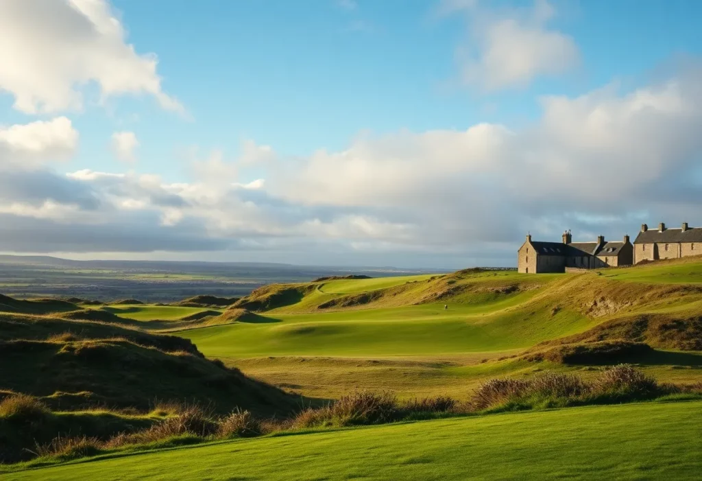 A picturesque view of a historic Scottish golf course surrounded by natural beauty.