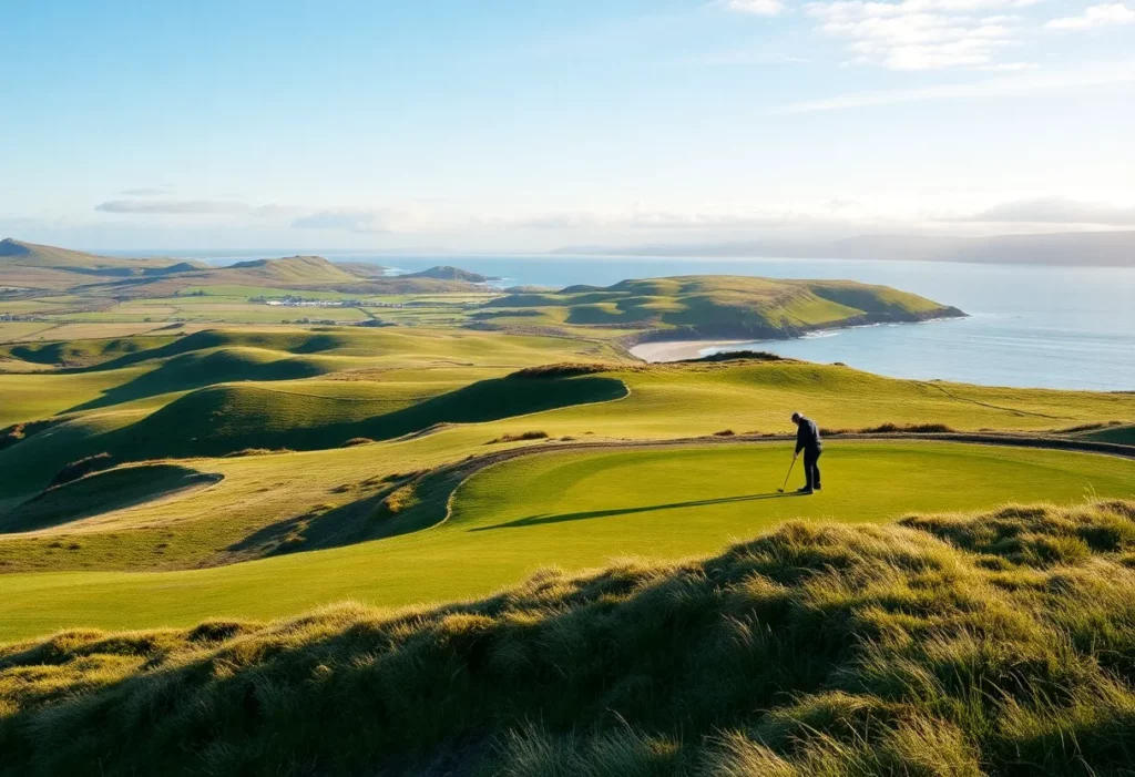 A picturesque Scottish links golf course with scenic landscapes.