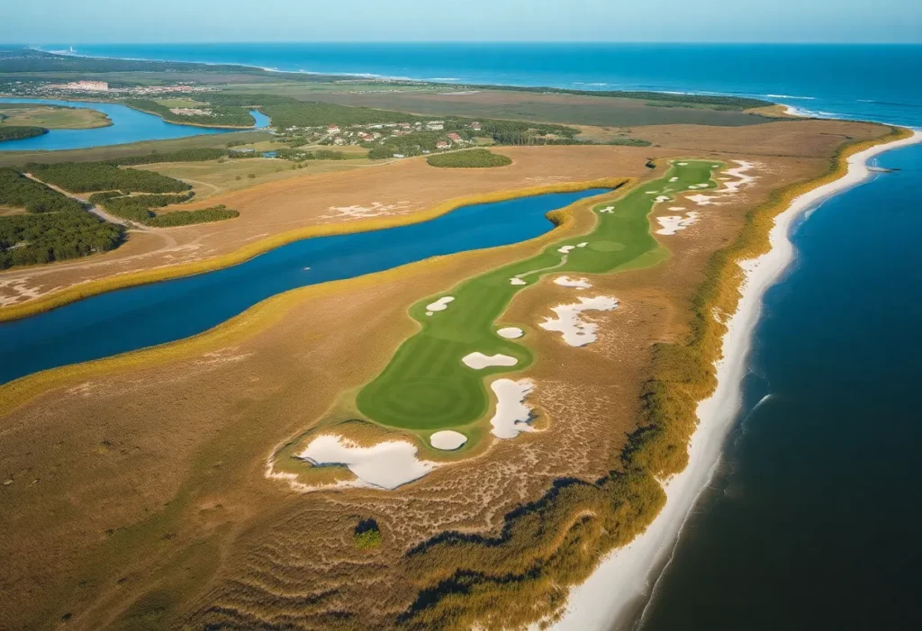 Aerial view of the Seaside Course in Sea Island, showcasing its stunning design and coastal surroundings.