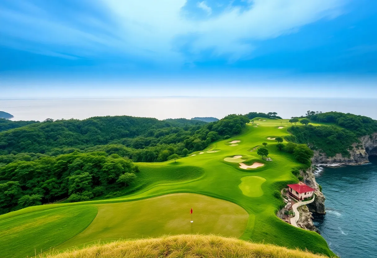 Cliffside view of Shanqin Bay Golf Club overlooking the East China Sea.
