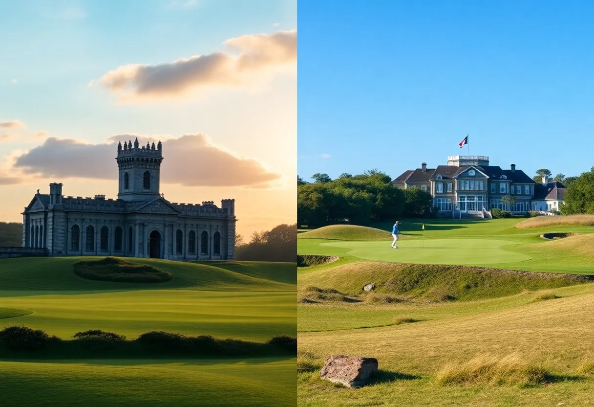 Aerial view of St. Andrews and Augusta National golf courses side by side