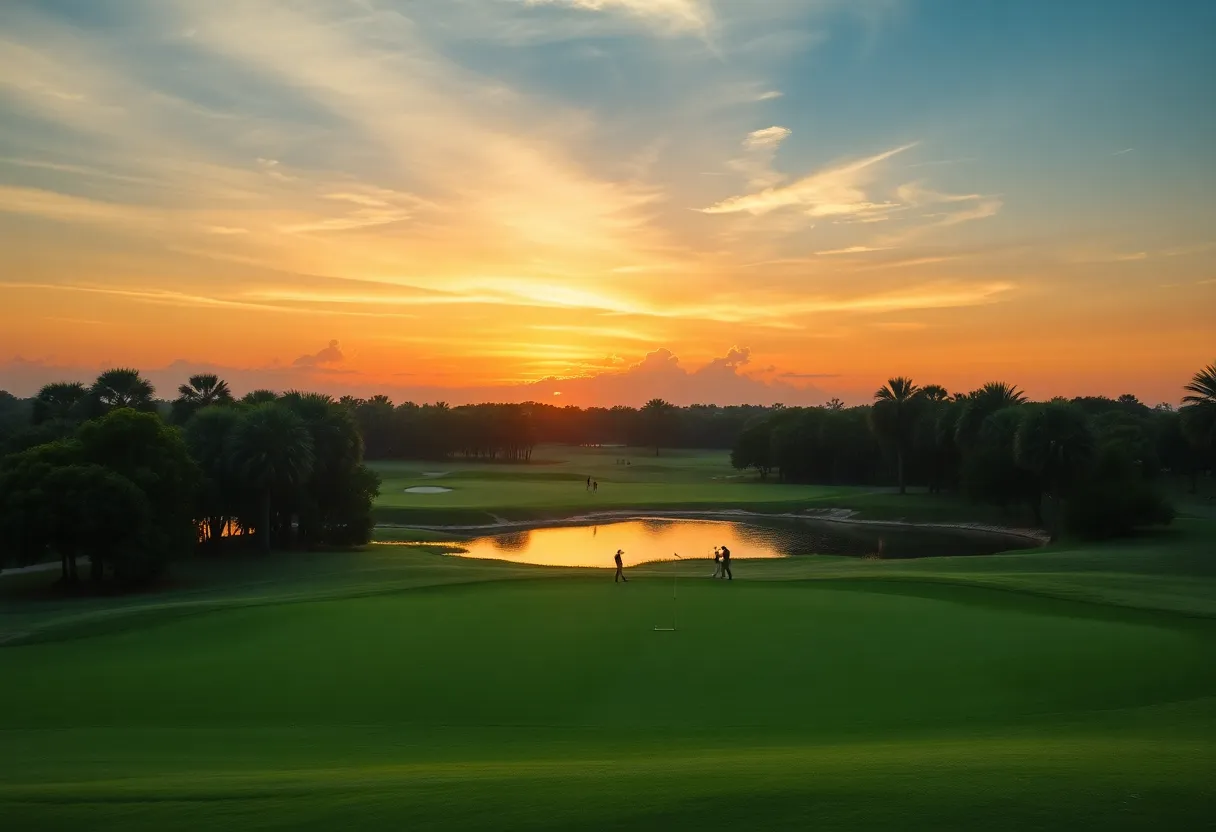 Beautiful sunset over a Florida golf course with golfers playing.