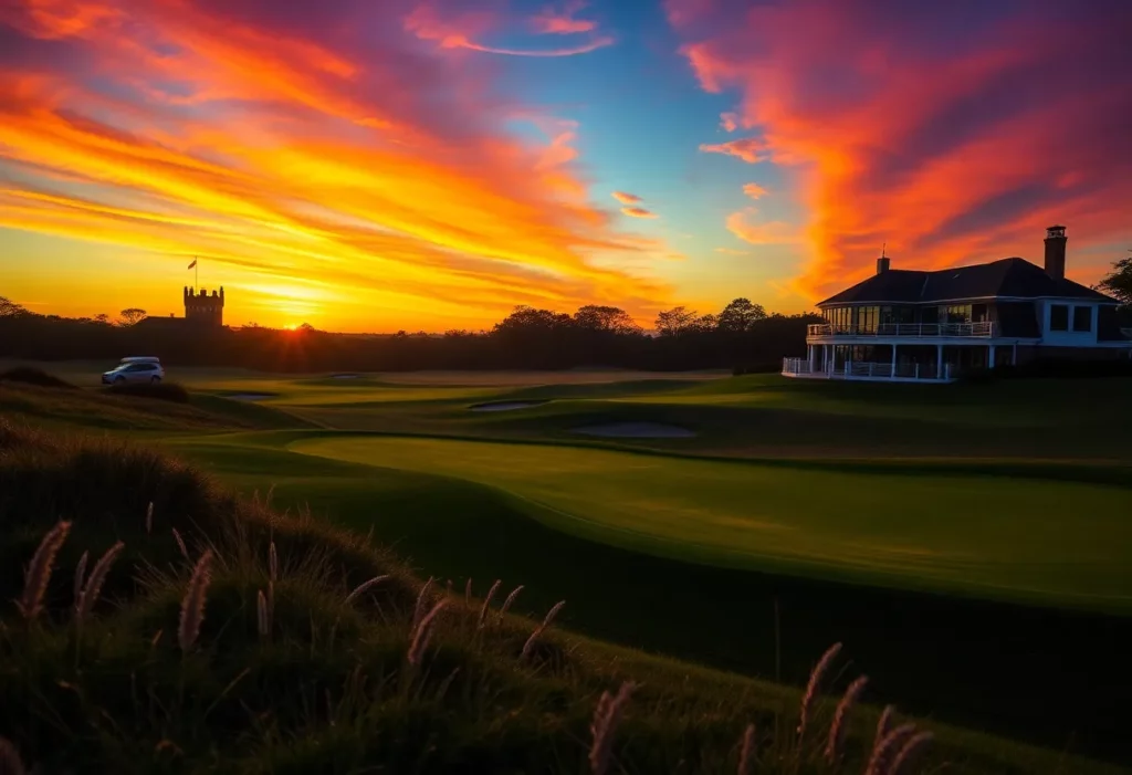 Golf players debating over St. Andrews and Augusta during sunset
