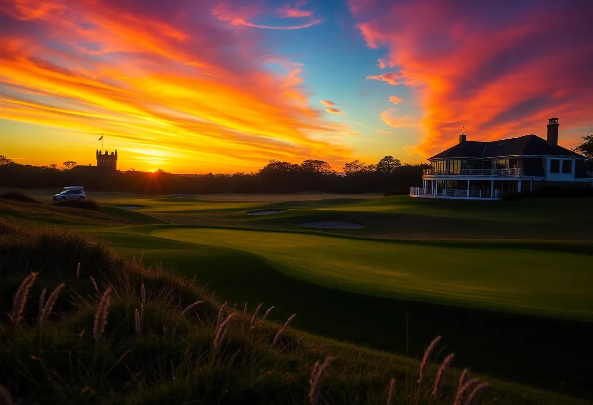 Golf players debating over St. Andrews and Augusta during sunset