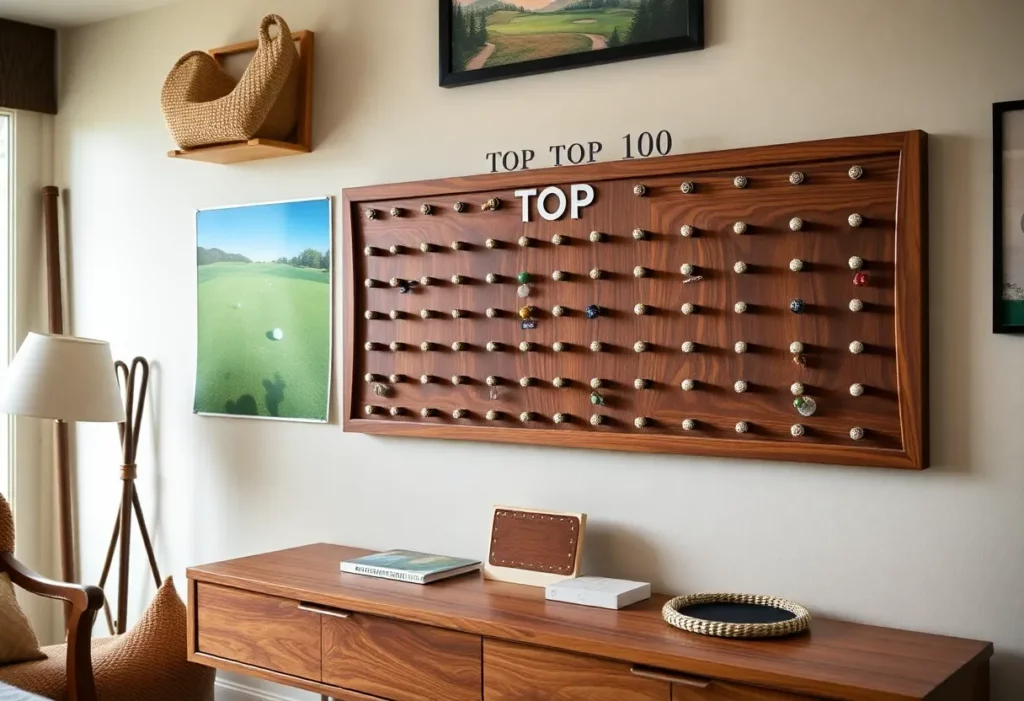 Wooden pegboard with pins marking various golf courses.
