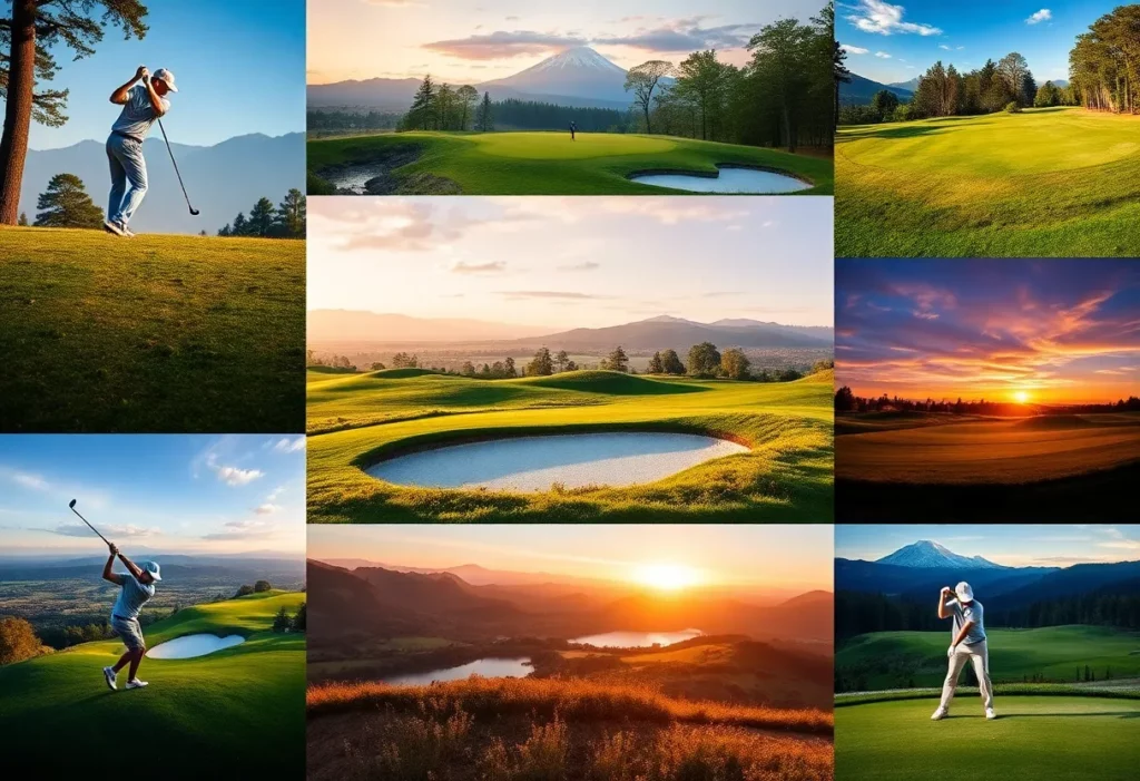 Collage of iconic golf courses and golfers in action.