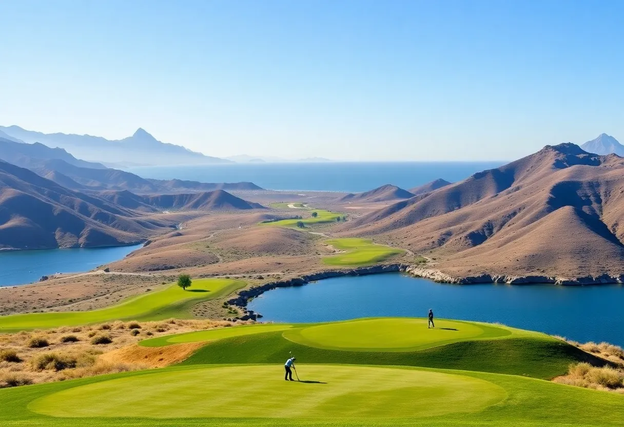Golfers playing at TPC Danzante Bay with scenic background