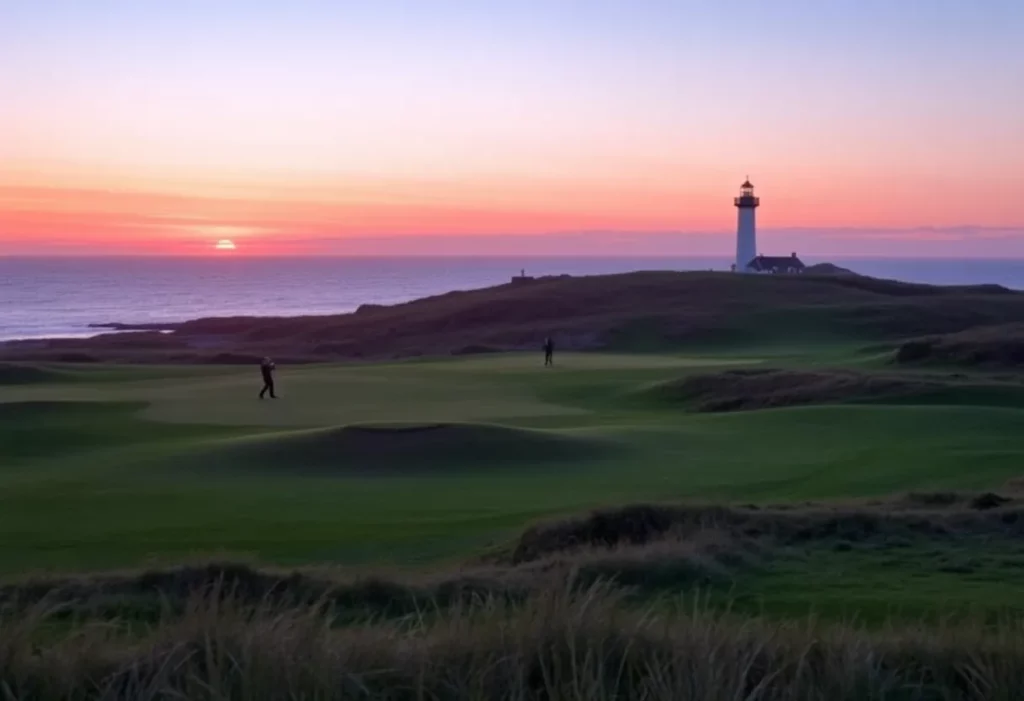Golfers playing at Trump Turnberry's Ailsa Course during sunset.