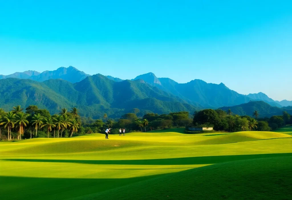Golfers enjoying play on a scenic Vietnamese golf course