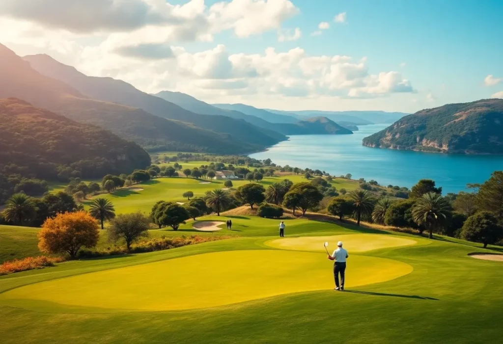 Golf tournament scene showing multiple players and a beautiful course