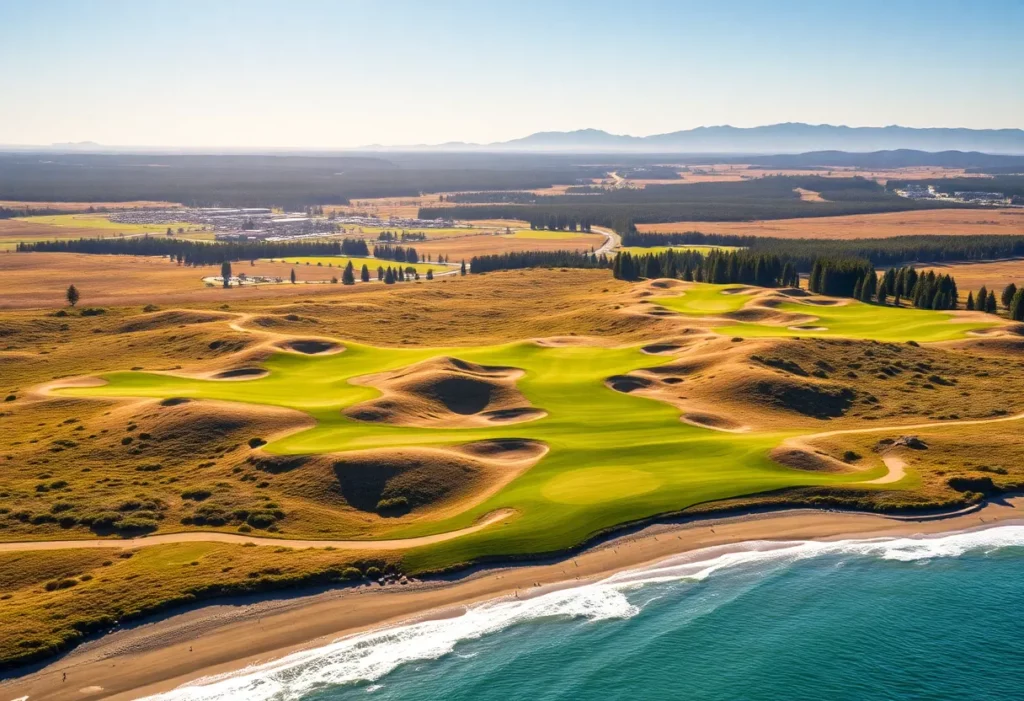 Scenic view of the Bandon Dunes Golf Resort with golf courses and natural landscapes.