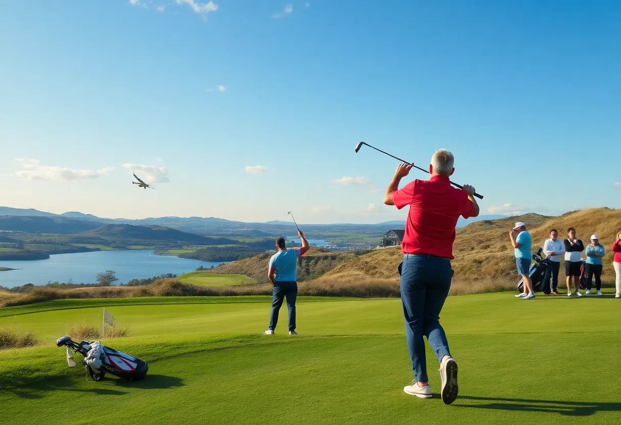 Golf players participating in a tournament in scenic surroundings