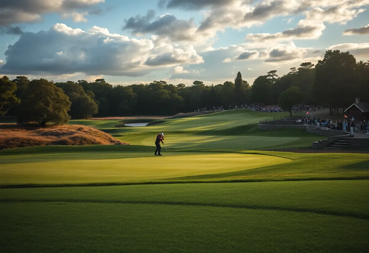 A scenic view of a challenging golf course hole