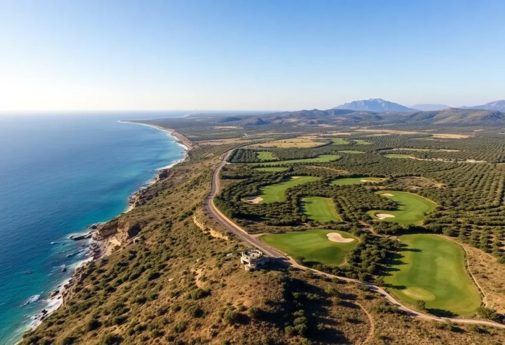 A breathtaking view of the Costa Navarino golf course with olive trees and sea