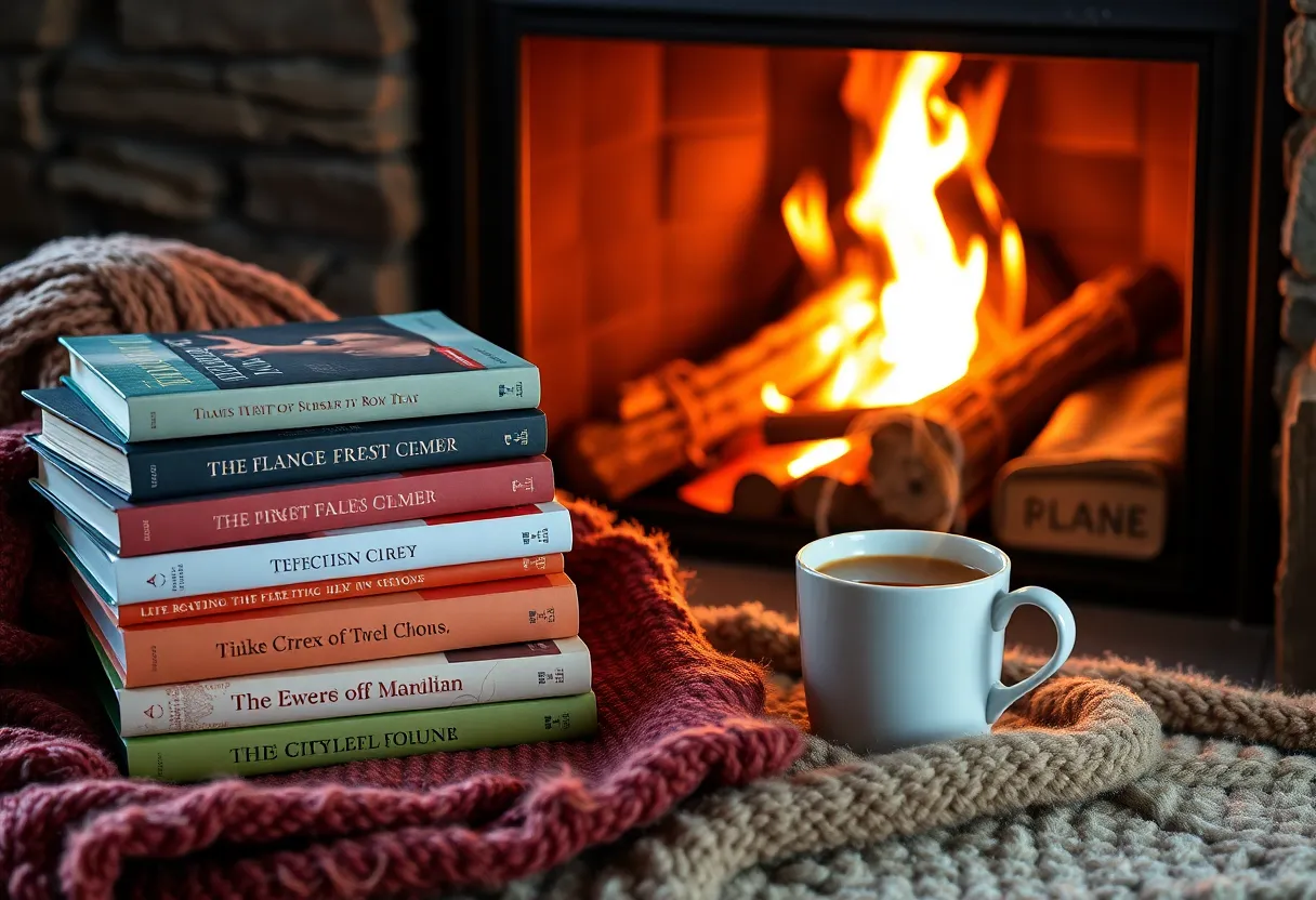 A collection of new golf books on a table with a warm drink and a blanket