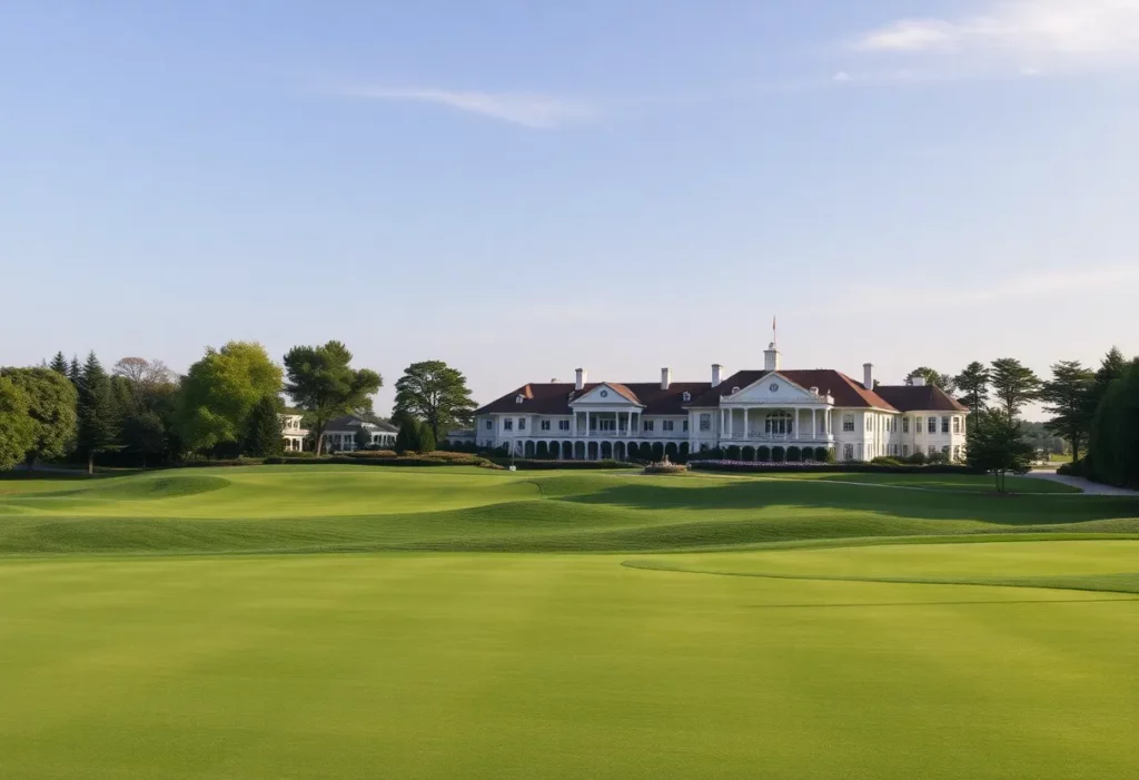Overview of the Delhi Golf Club golf course during a tournament.