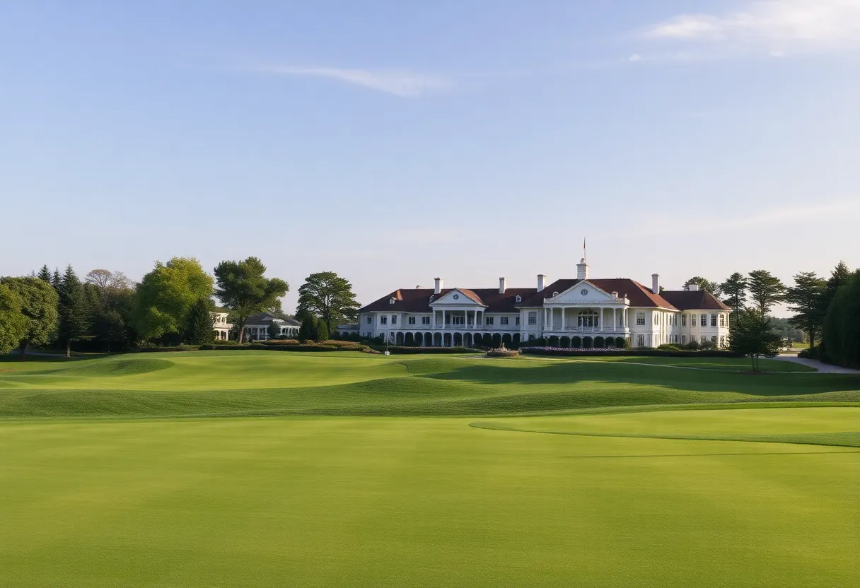 Overview of the Delhi Golf Club golf course during a tournament.