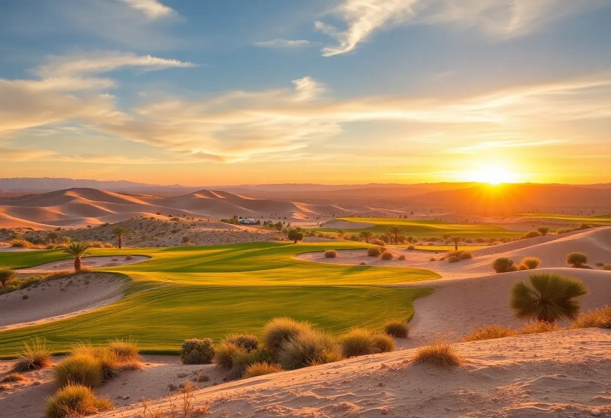 Scenic view of Desert Dunes Golf Course with sunset